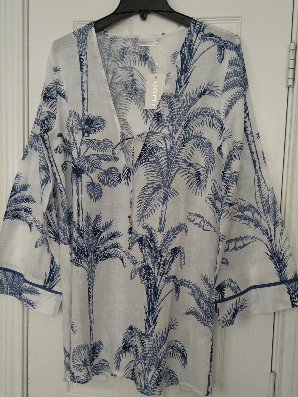 Dotti Women's Swim Cover Up Tunic White And Navy Blue Tropical Palm Tree Print